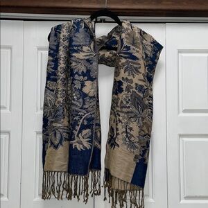 Elegant Blue and Beige Floral Scarf